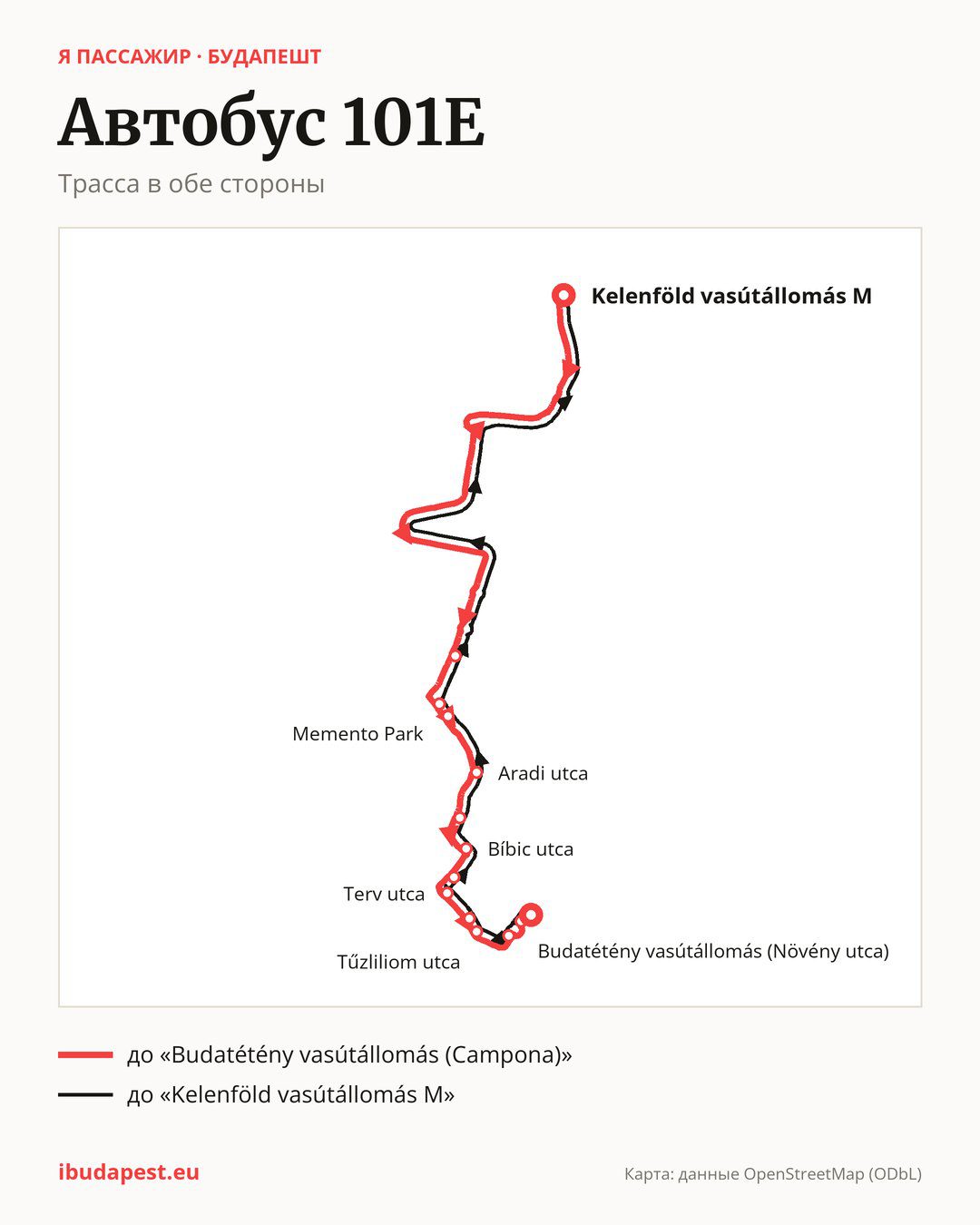 Автобус 101E в Будапеште на карте: трасса в обе стороны