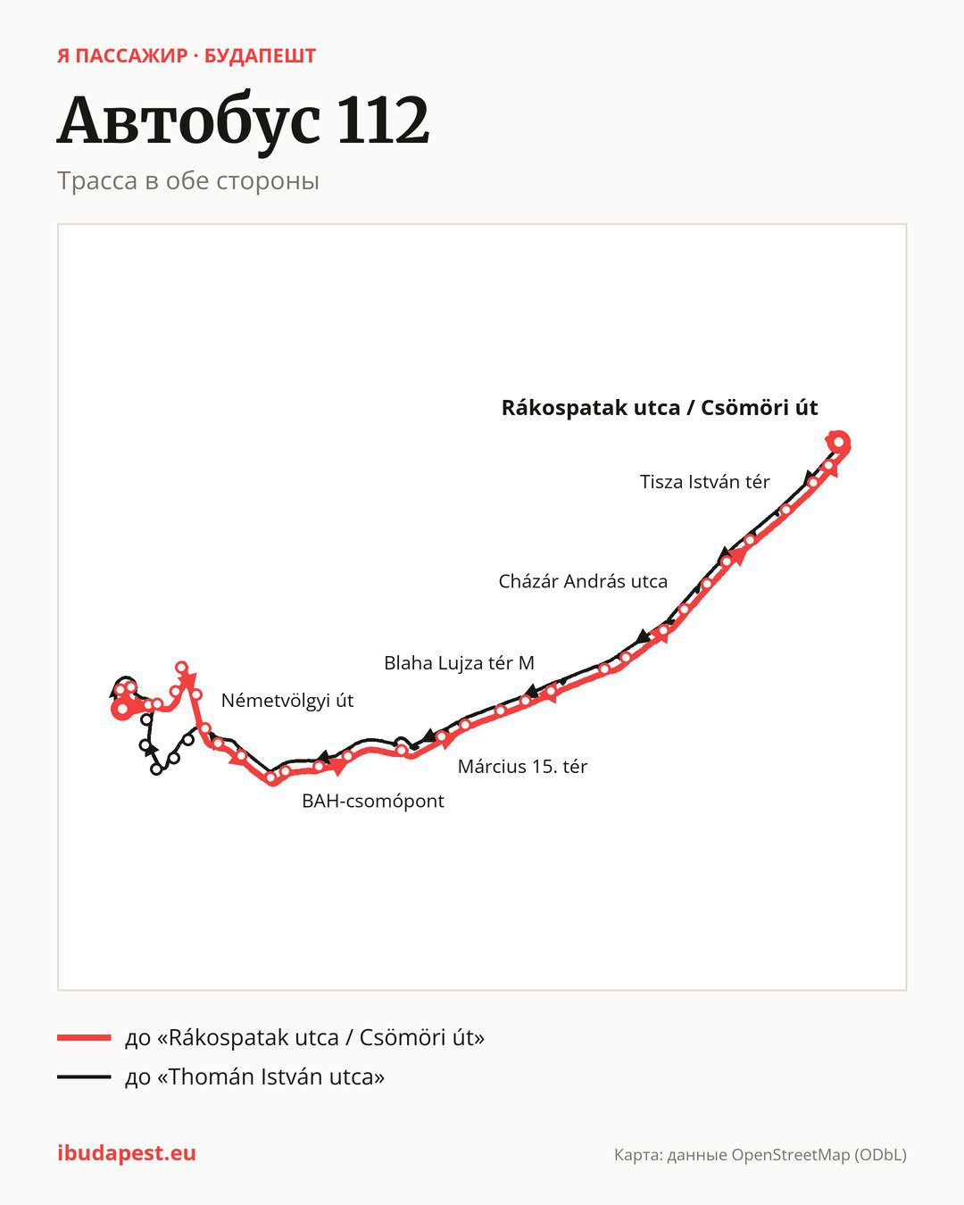 Автобус 112 в Будапеште на карте: трасса в обе стороны