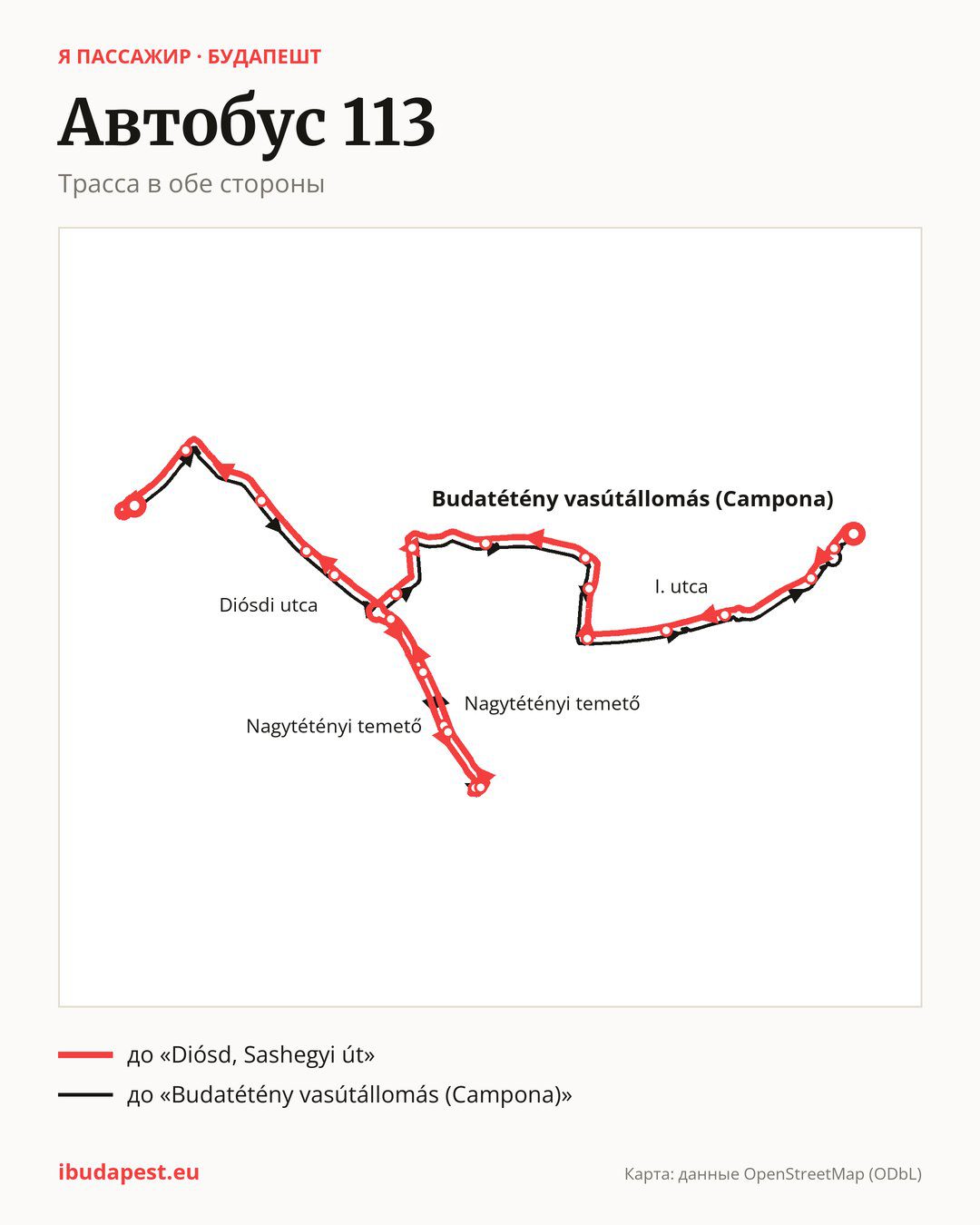 Автобус 113 в Будапеште на карте: трасса в обе стороны