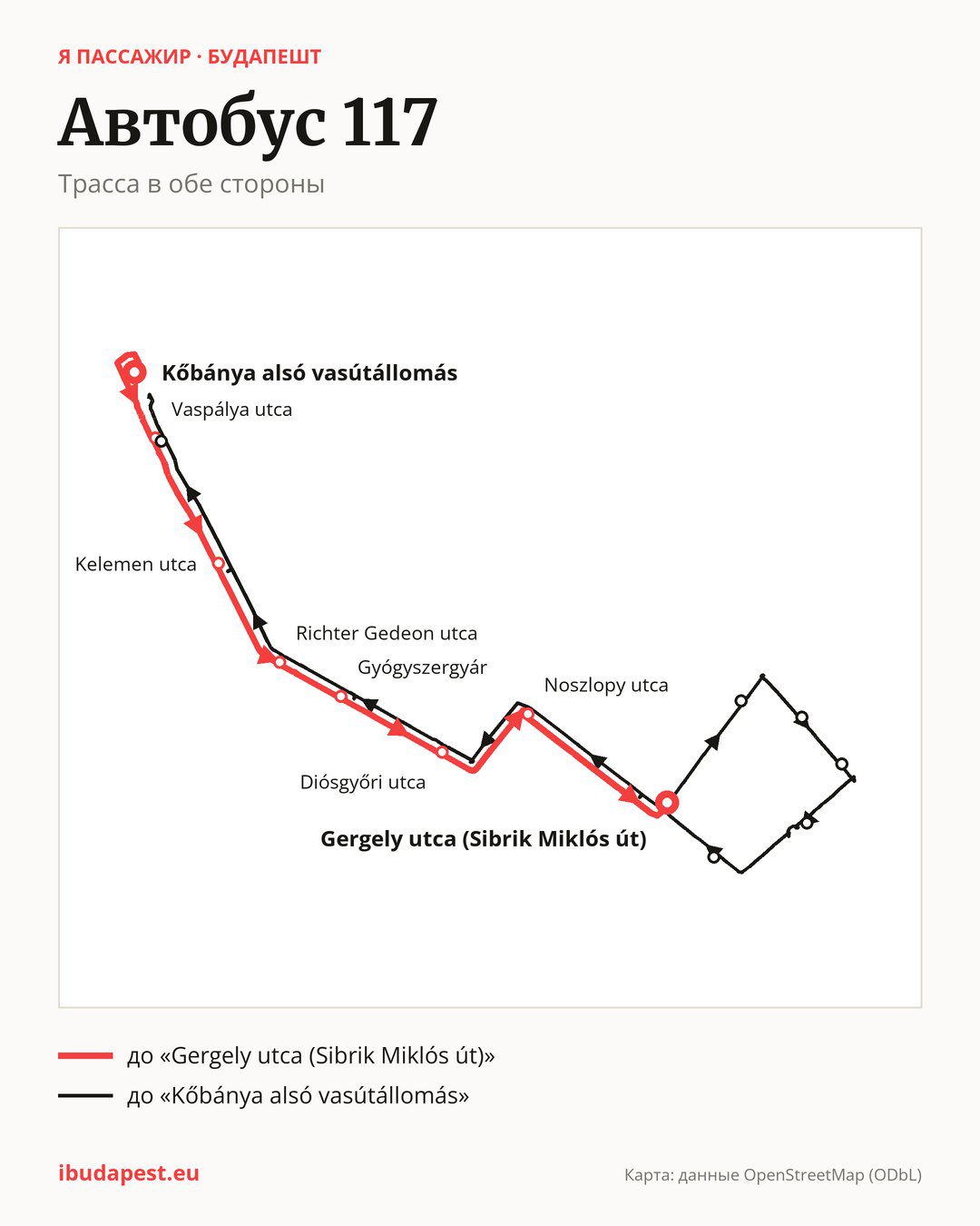 Автобус 117 в Будапеште на карте: трасса в обе стороны