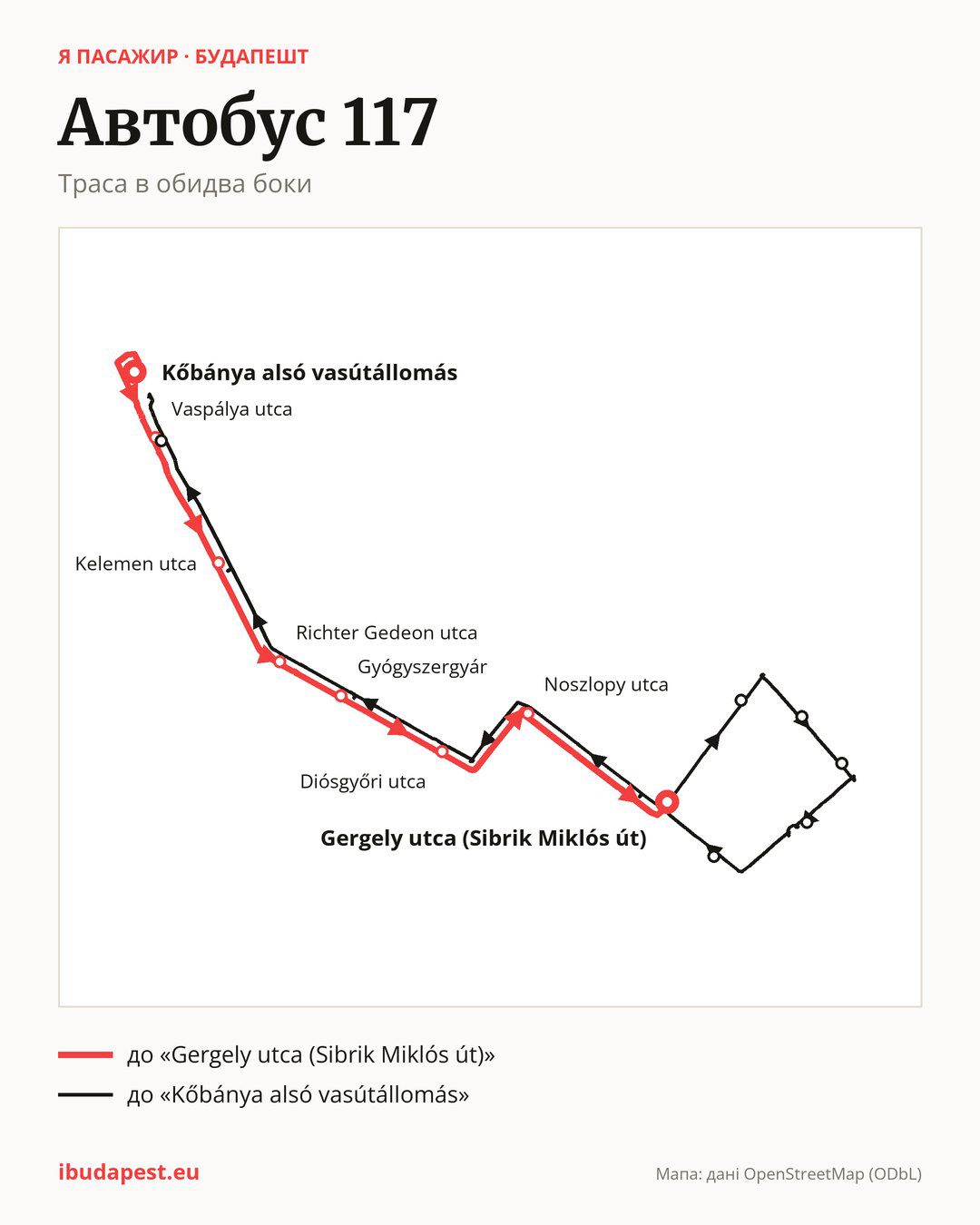 Автобус 117 у Будапешті на мапі: траса в обидва боки
