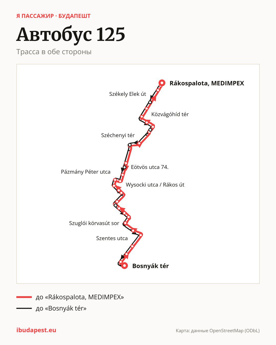 Автобус 125 в Будапеште на карте: трасса в обе стороны