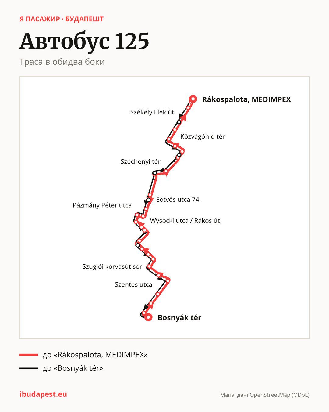 Автобус 125 у Будапешті на мапі: траса в обидва боки