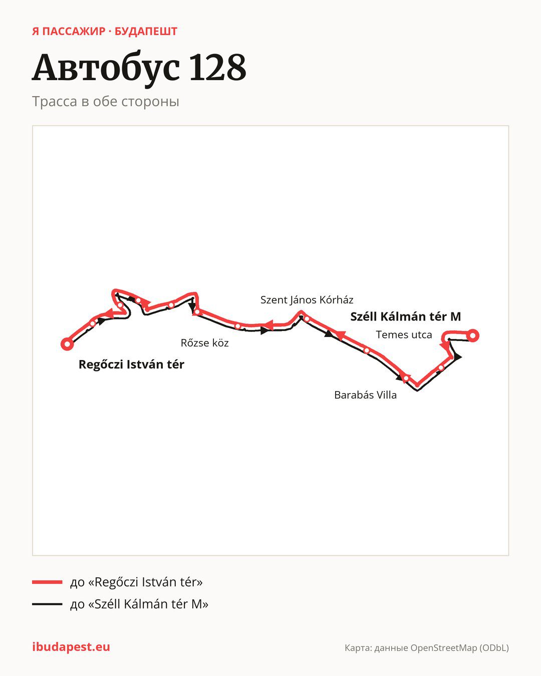 Автобус 128 в Будапеште на карте: трасса в обе стороны