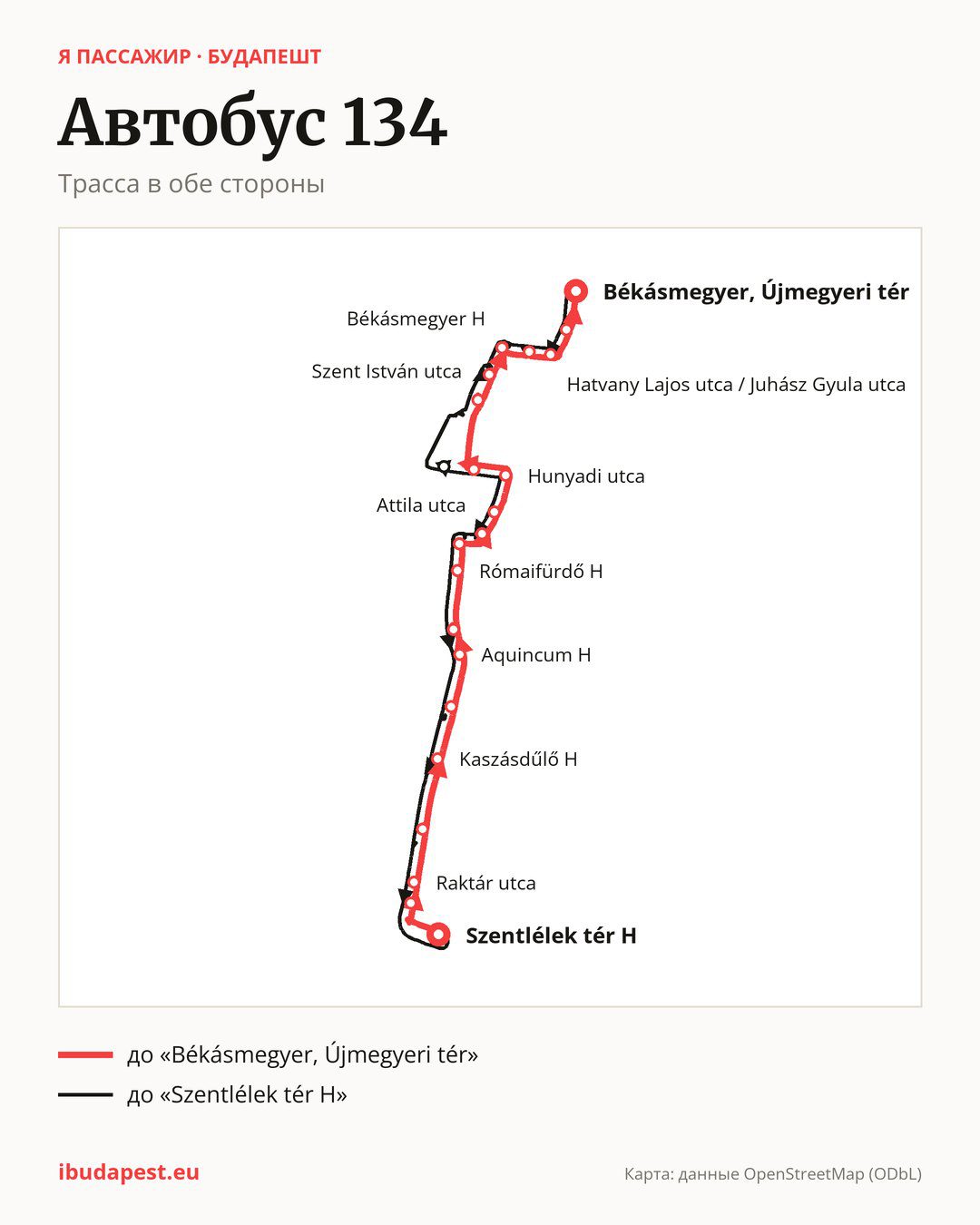 Автобус 134 в Будапеште на карте: трасса в обе стороны