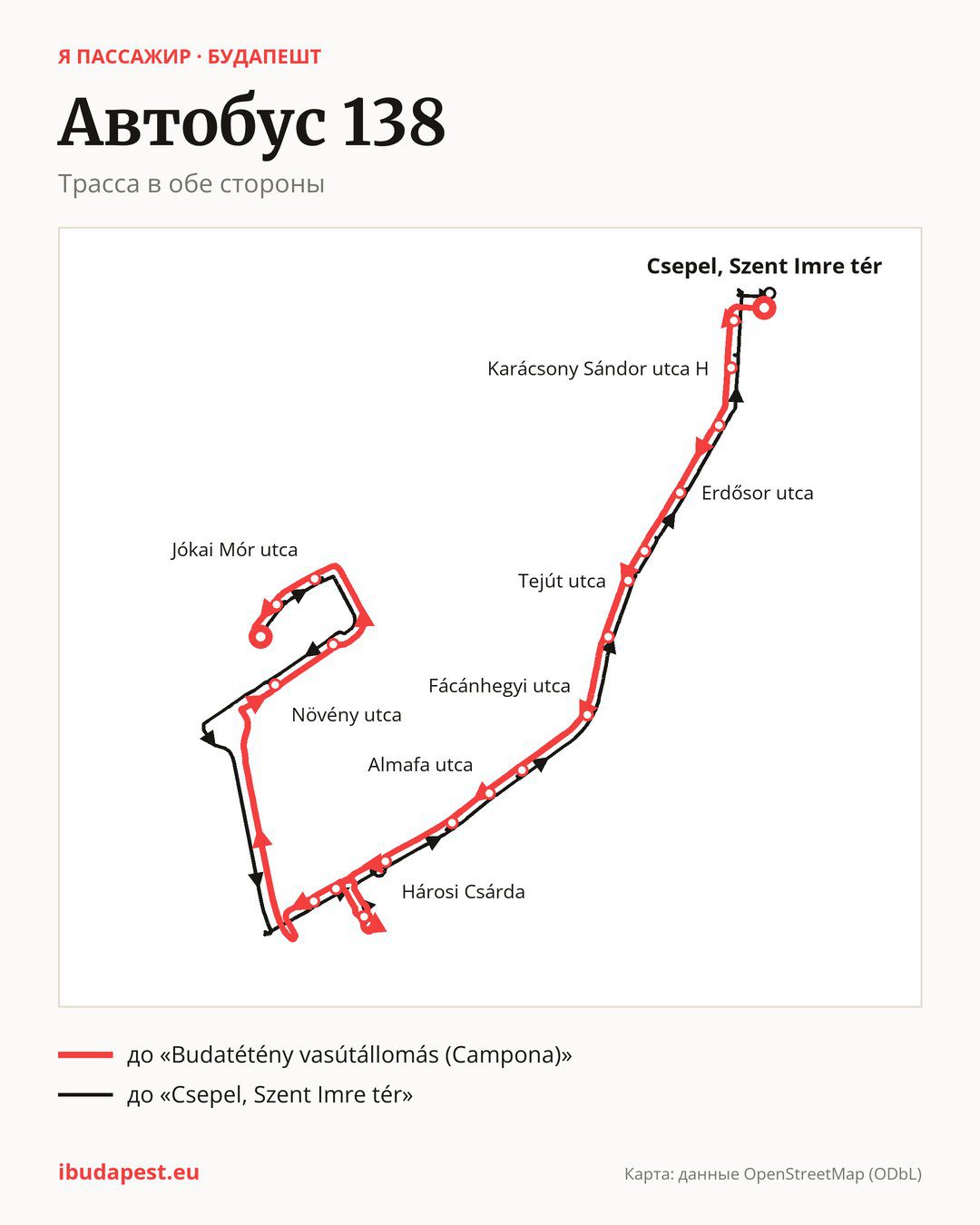 Автобус 138 в Будапеште на карте: трасса в обе стороны
