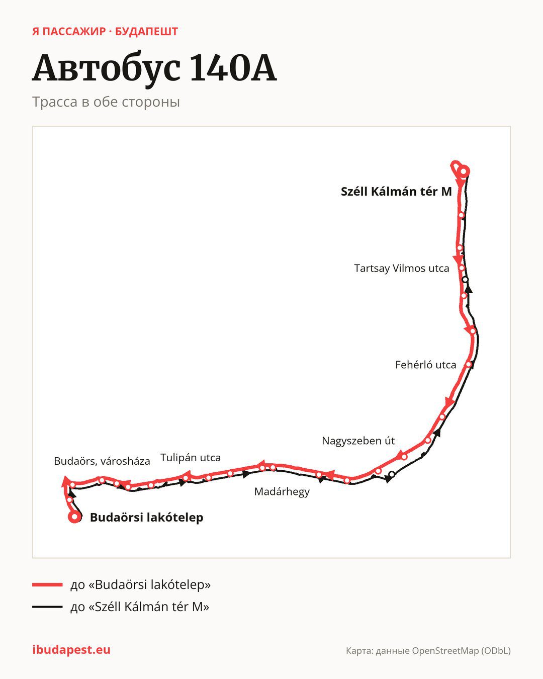 Автобус 140A в Будапеште на карте: трасса в обе стороны