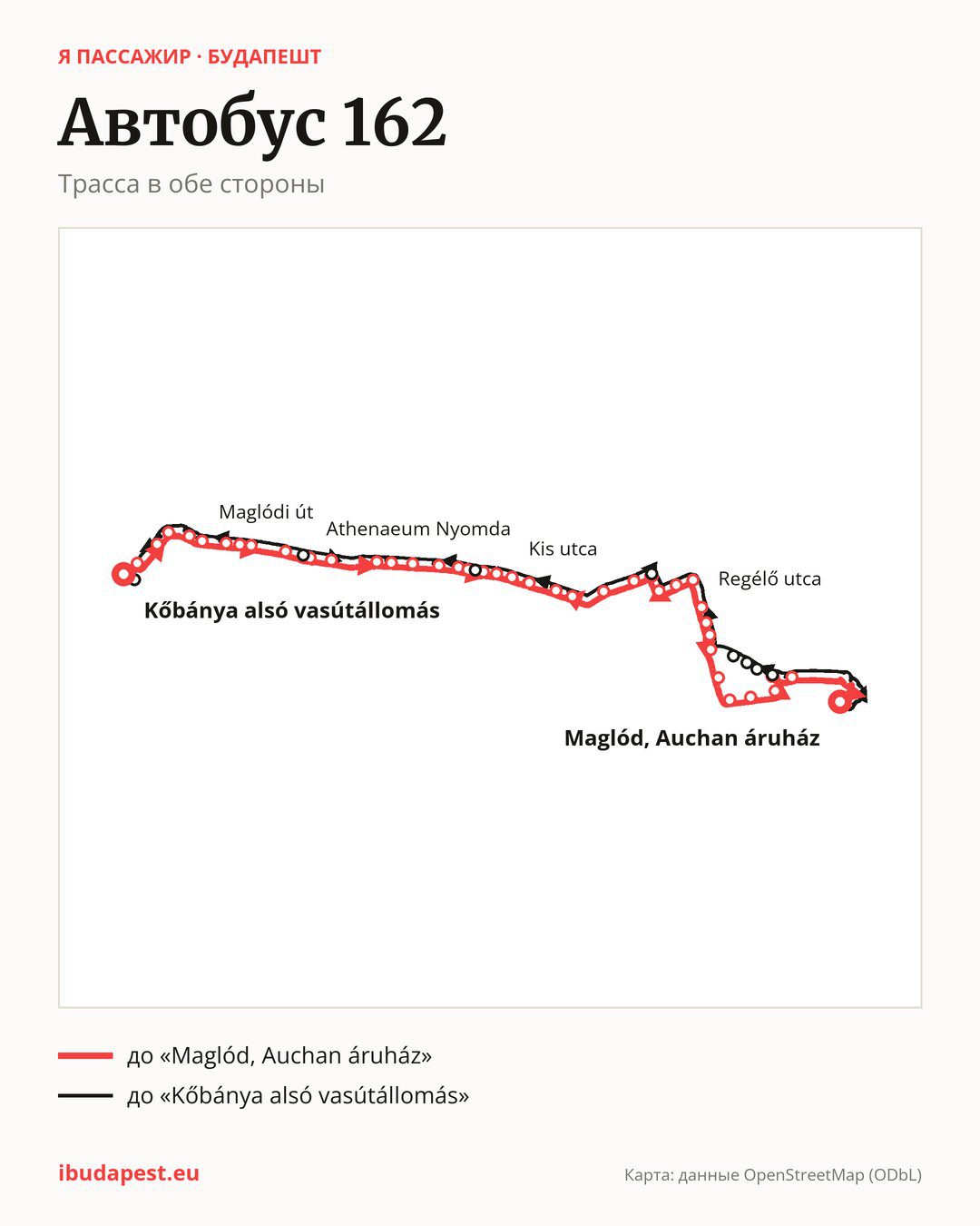 Автобус 162 в Будапеште на карте: трасса в обе стороны