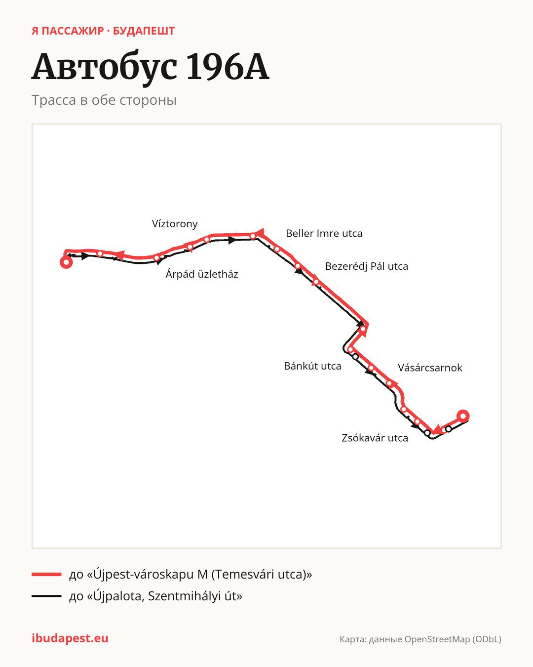 Автобус 196A в Будапеште на карте: трасса в обе стороны