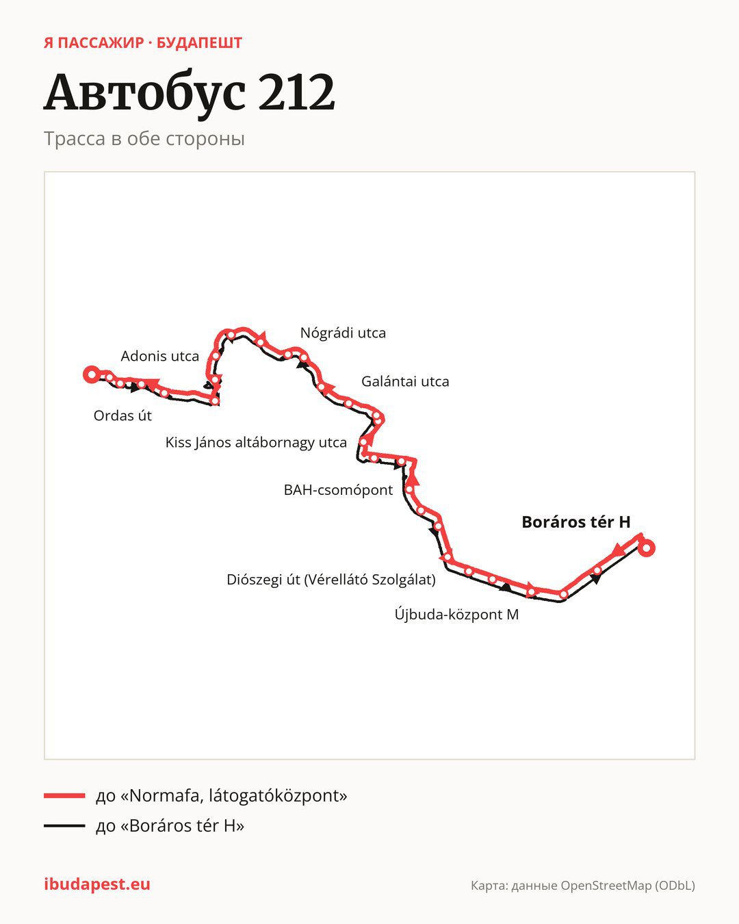 Автобус 212 в Будапеште на карте: трасса в обе стороны