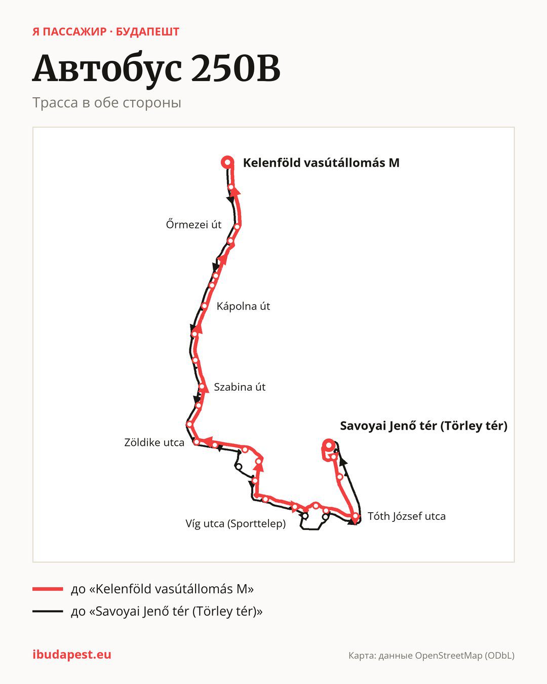 Автобус 250B в Будапеште на карте: трасса в обе стороны