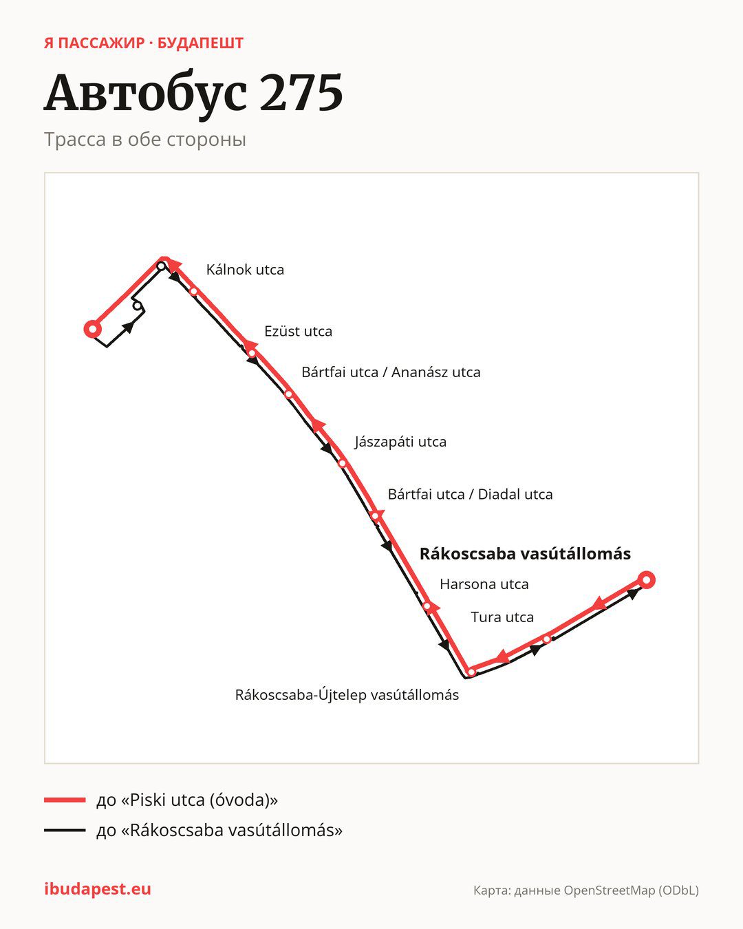 Автобус 275 в Будапеште на карте: трасса в обе стороны