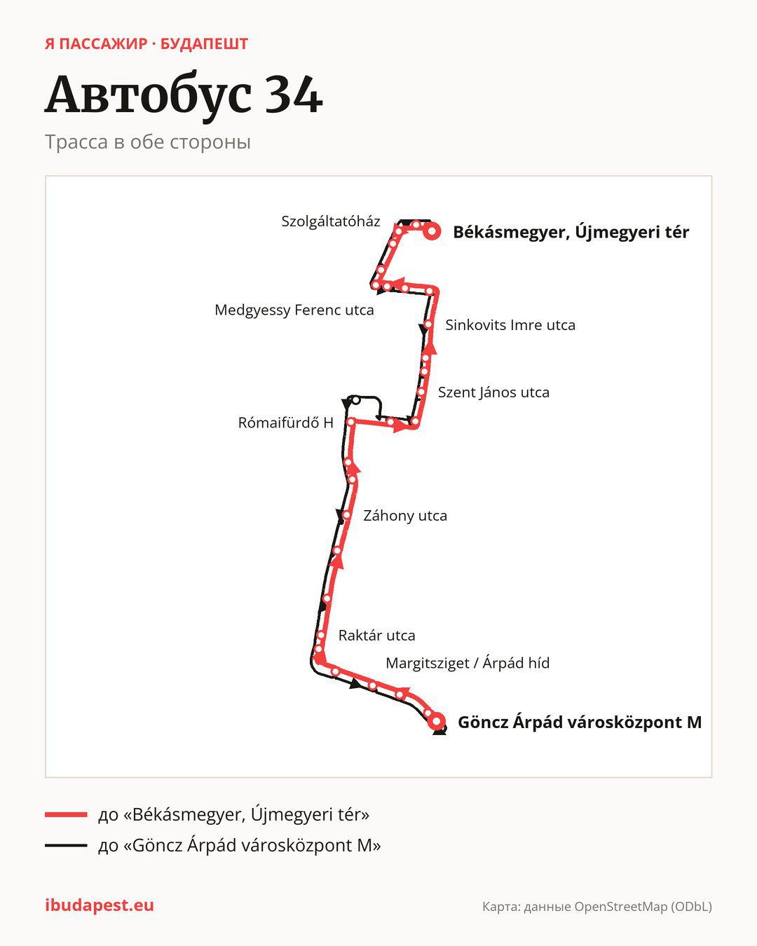 Автобус 34 в Будапеште на карте: трасса в обе стороны