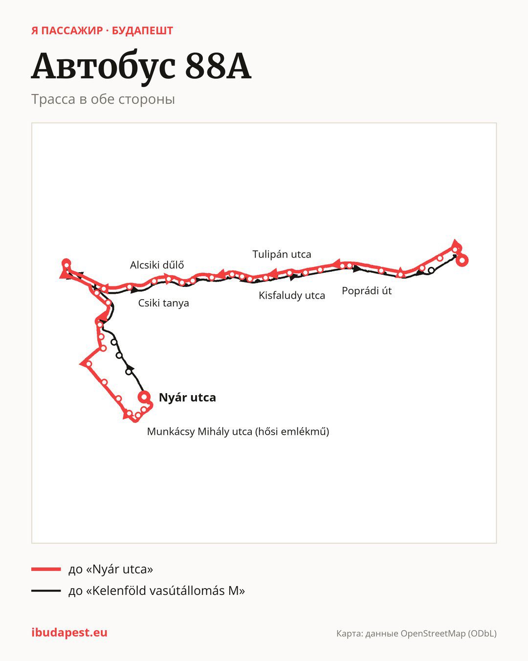 Автобус 88A в Будапеште на карте: трасса в обе стороны