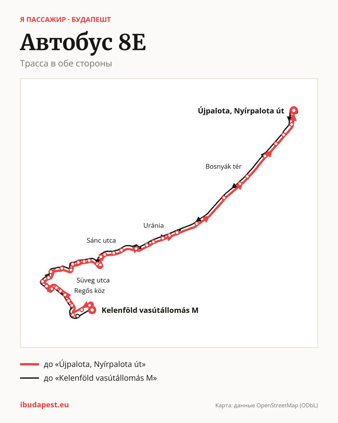 Автобус 8E в Будапеште на карте: трасса в обе стороны