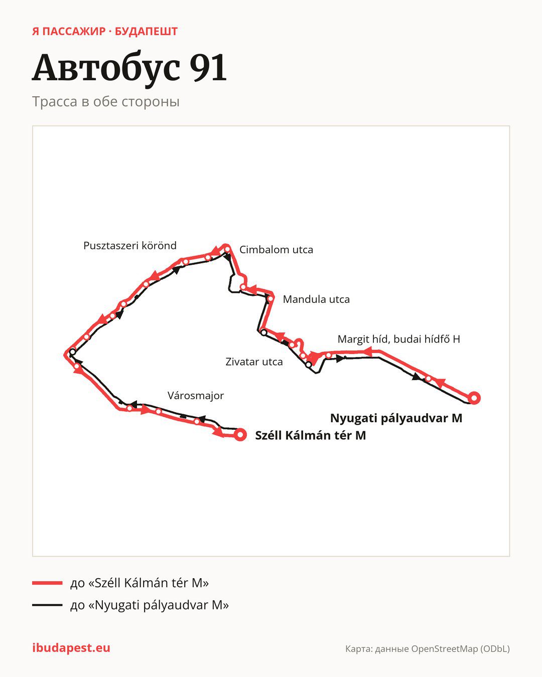 Автобус 91 в Будапеште на карте: трасса в обе стороны