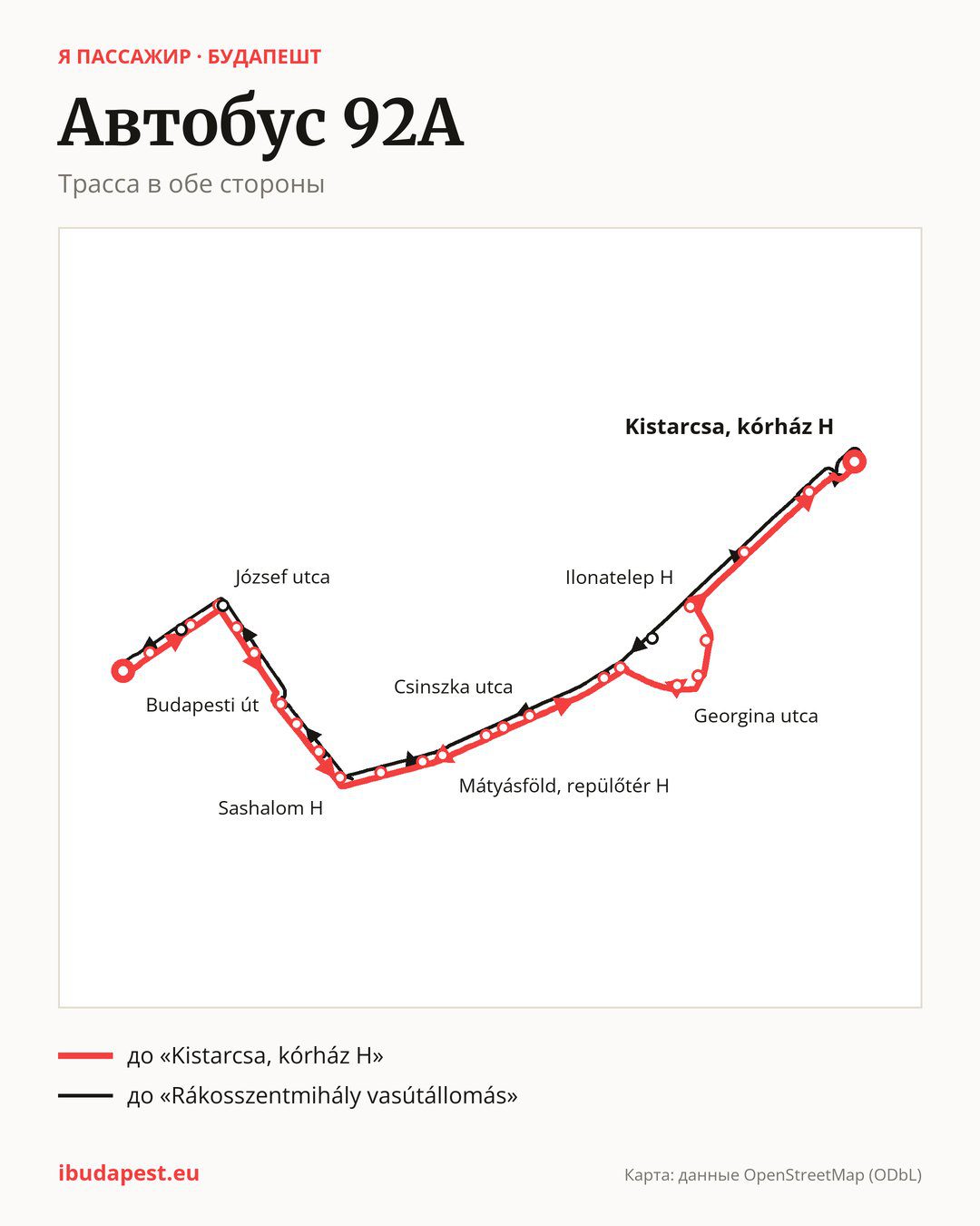 Автобус 92A в Будапеште на карте: трасса в обе стороны