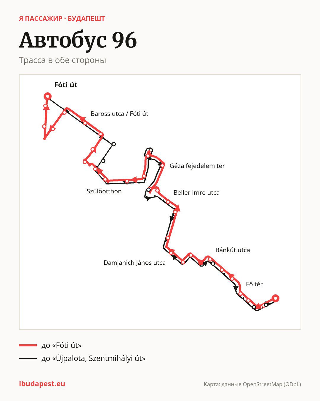 Автобус 96 в Будапеште на карте: трасса в обе стороны