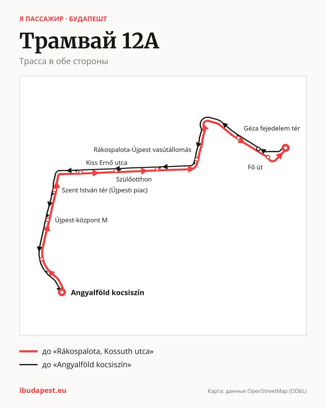Трамвай 12A в Будапеште на карте: трасса в обе стороны