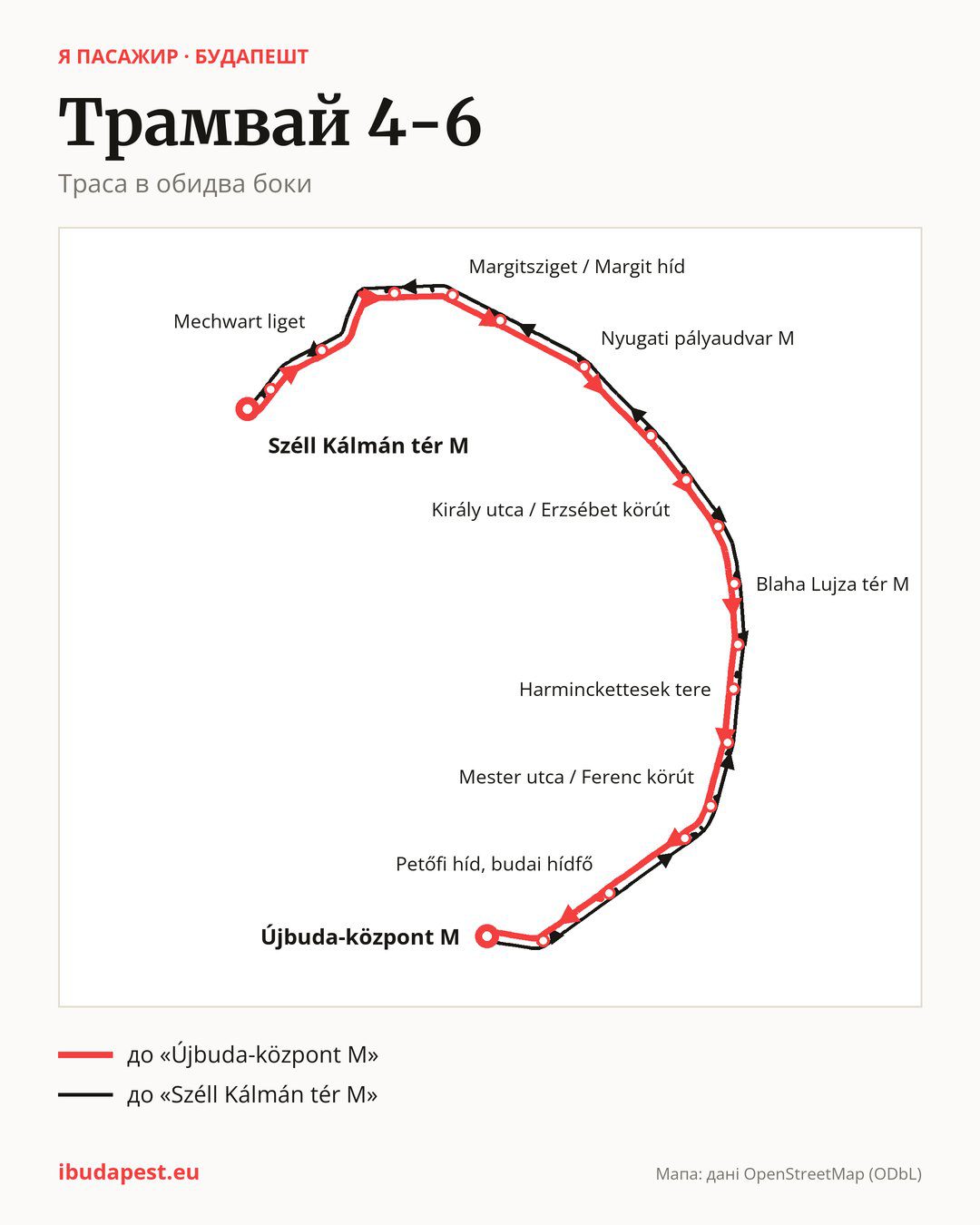 Трамвай 4-6 у Будапешті на мапі: траса в обидва боки