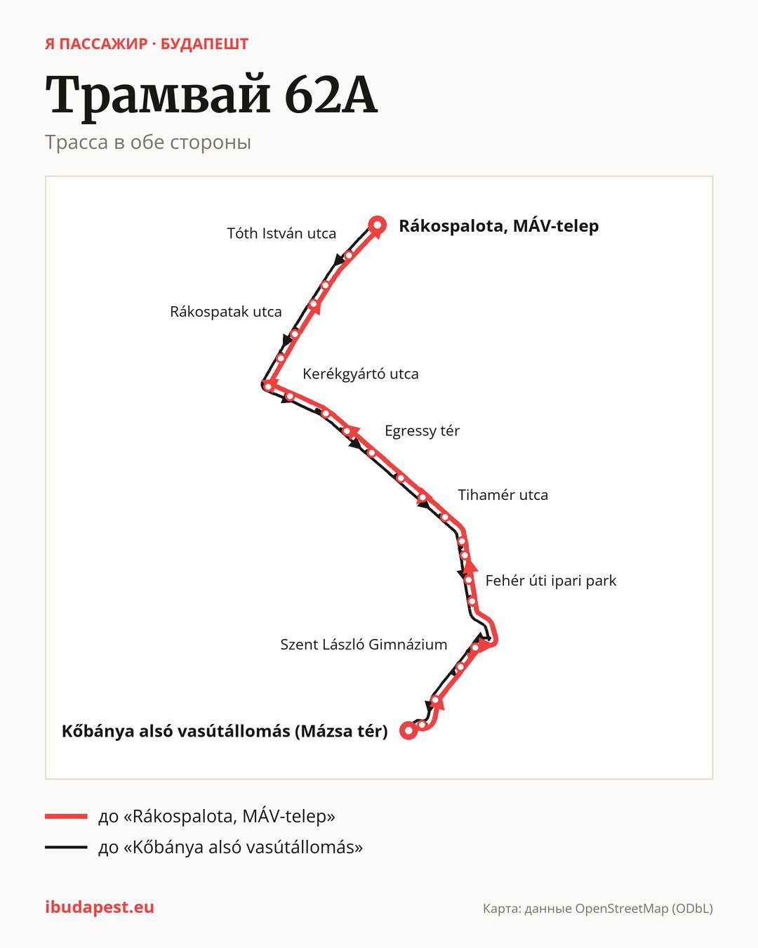 Трамвай 62A в Будапеште на карте: трасса в обе стороны