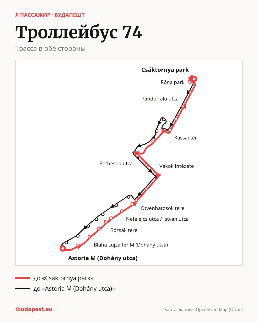 Троллейбус 74 в Будапеште на карте: трасса в обе стороны