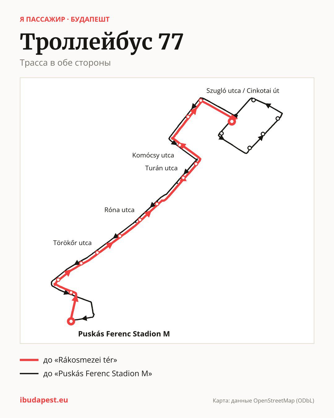 Троллейбус 77 в Будапеште на карте: трасса в обе стороны