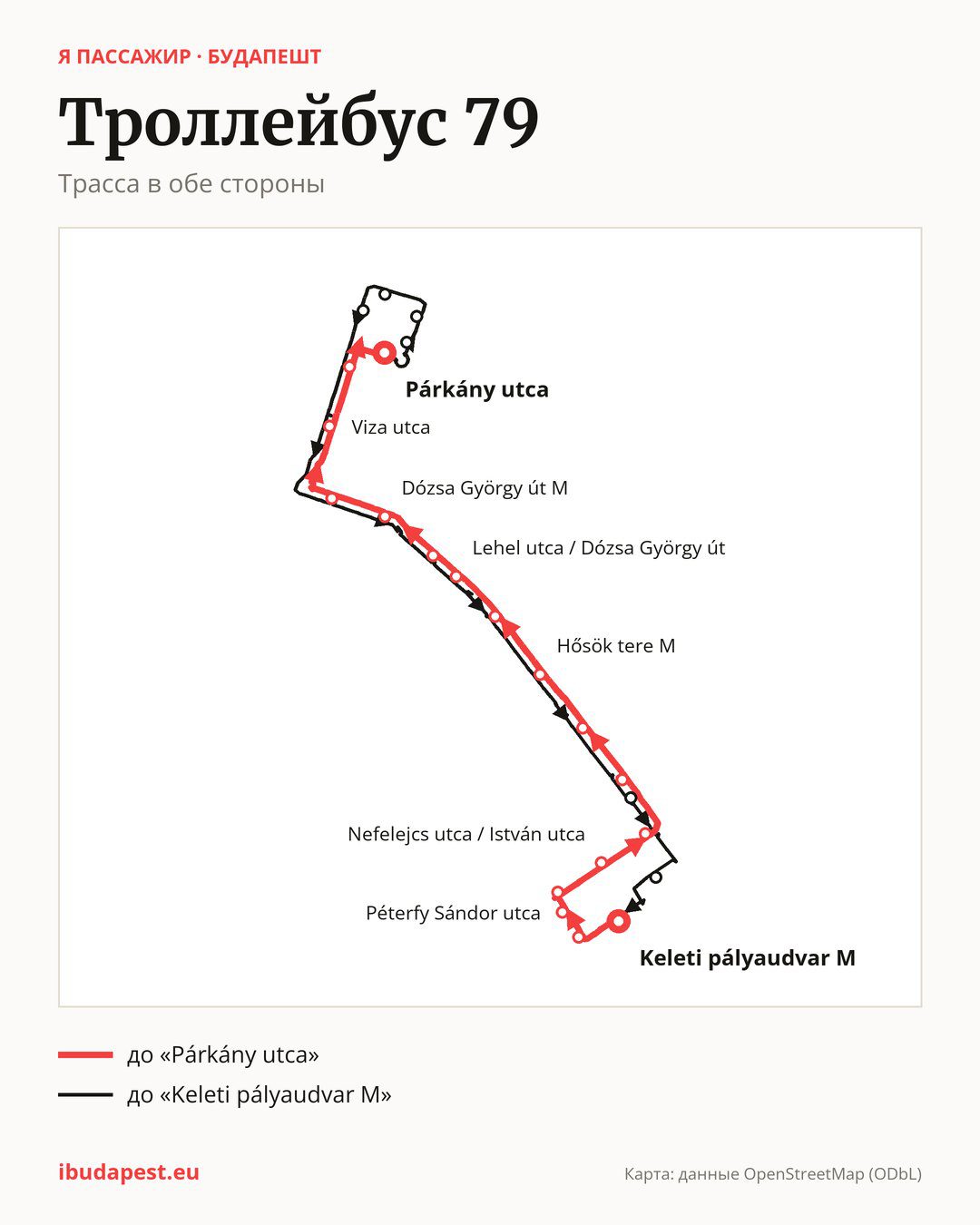 Троллейбус 79 в Будапеште на карте: трасса в обе стороны