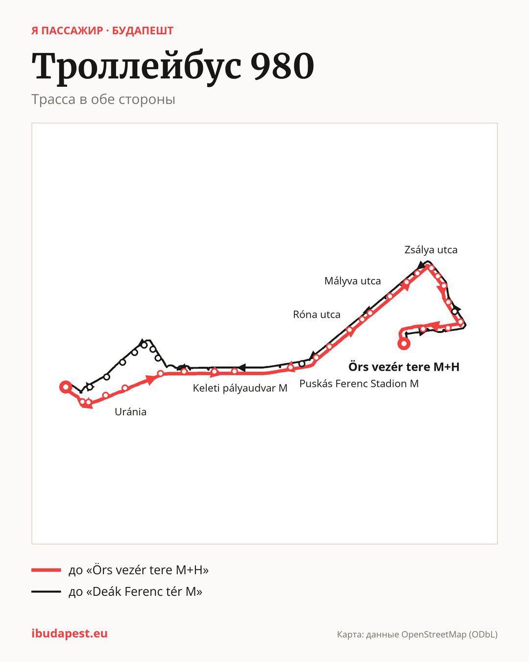 Ночной троллейбус 980 в Будапеште на карте: трасса в обе стороны